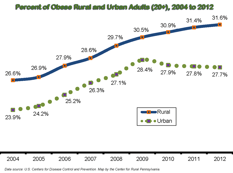 Percent of Obese Rural and Urban Adults (20+), 2004 to 2012