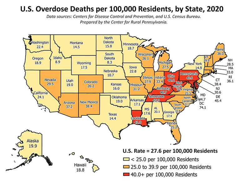 Map: United States Overdose Deaths per 100,000 Residents, by State, 2020