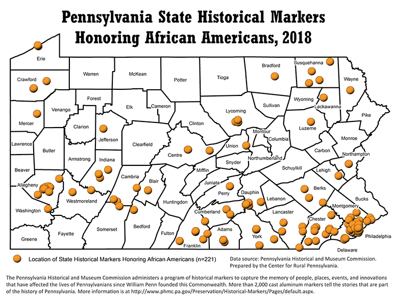 Map Showing Pennsylvania Historical Markers Honoring African Americans, 2018