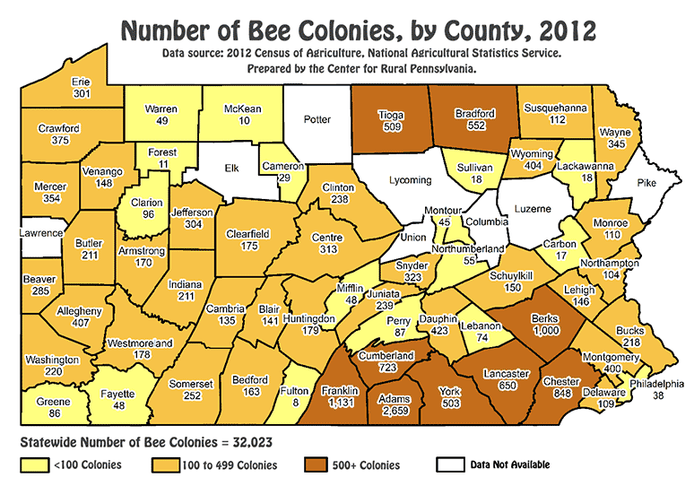 Pennsylvania Map Showing Number of Bee Colonies, by County, 2012