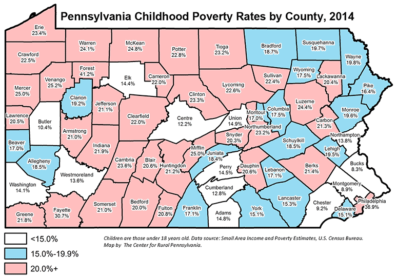 Pennsylvania Childhood Poverty Rates by County, 2014