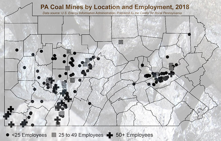 Map Showing Pennsylvania Coal Mine Locations and Employment, 2018