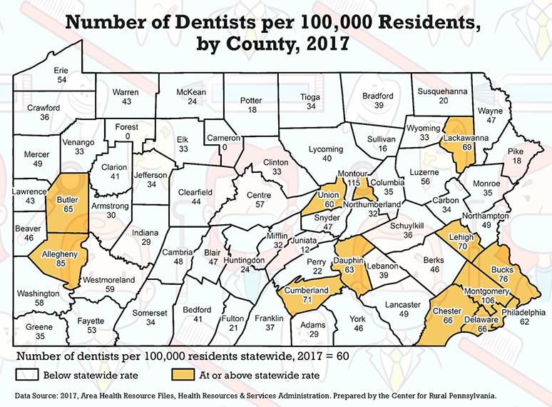 Pennsylvania Map Showing Number of Dentists per 100,000 Residents, by County, 2017