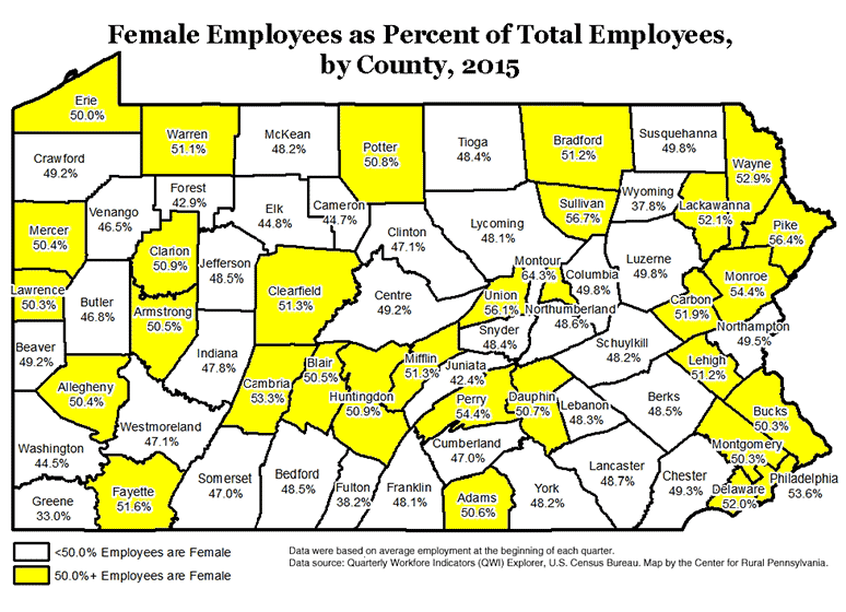 Female Employees as Percent of Total Employees, by County, 2015
