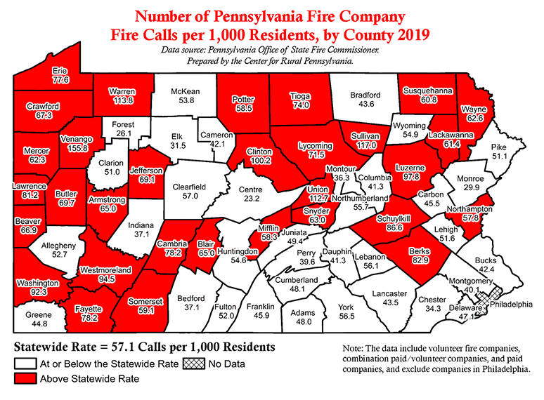 Map Showing Number of Pennsylvania Fire Company Calls per 1,000 Residents, by County 2019