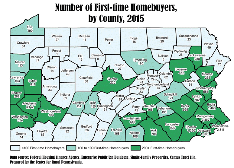 Pennsylvania Map Showing Number of First-time Homebuyers by County, 2015