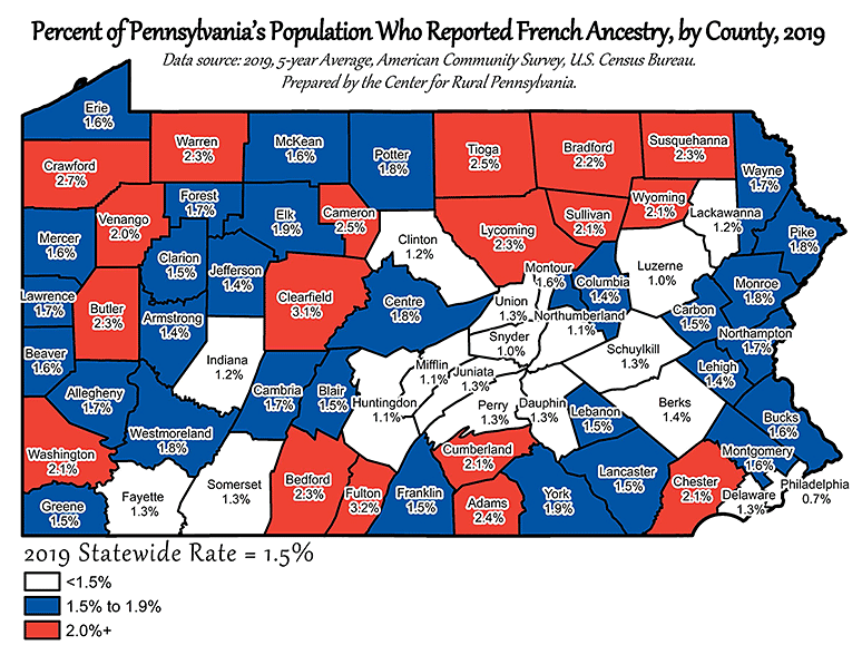 Map: Percent of Pennsylvania's Population with French Ancestry, by County, 2019