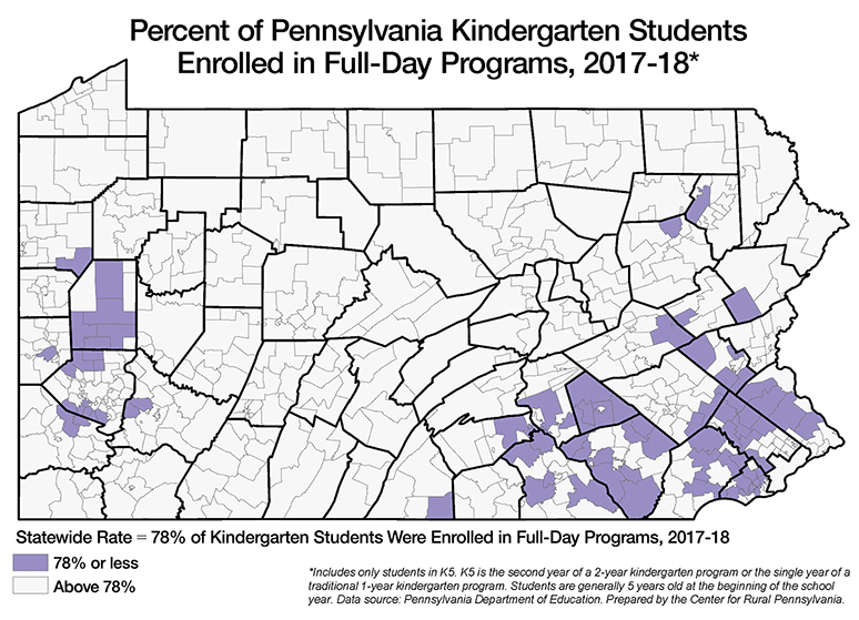 Pennslyvania Map Showing Perecent of PA Kindergarten Students Enrolled in Full-Day Programs, 2017-18