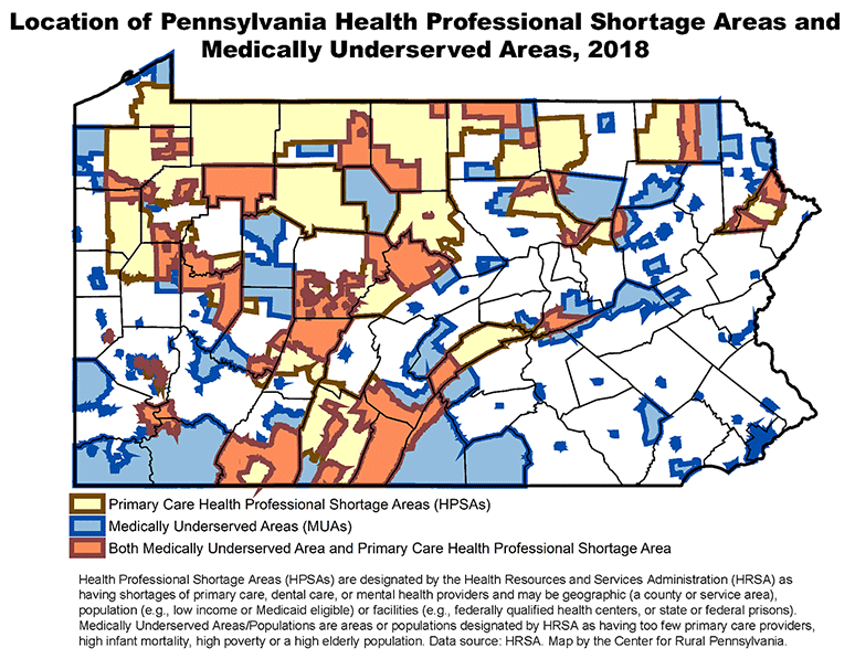 Pennsylvania Map Showing Location of Pennsylvania Health Professional Shortage Areas and Medically Underserved Areas, 2018
