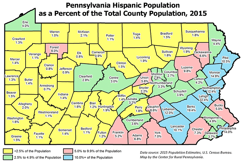 Pennsylvania Hispanic Population as a Percent of the Total County Population, 2015