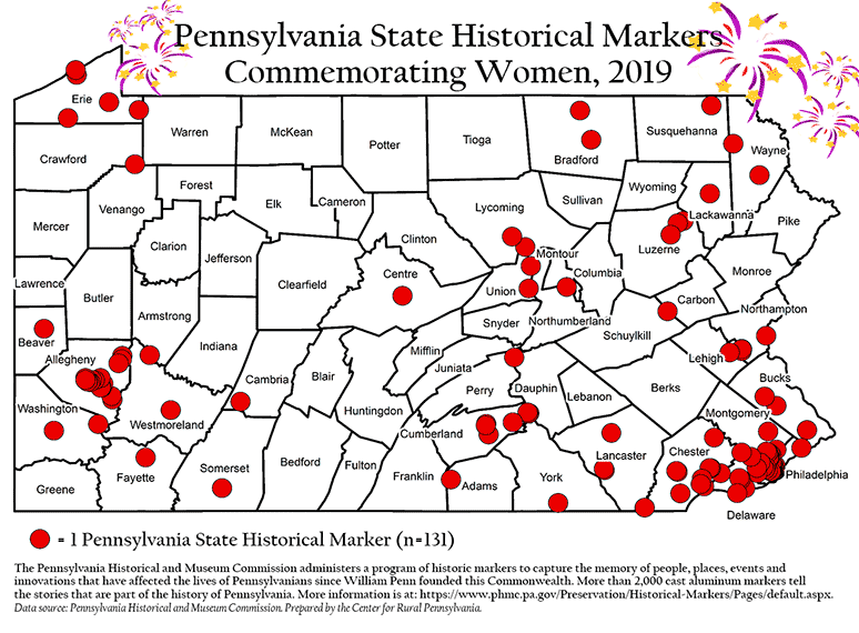 Pennsylvania Map Showing Pennsylvania State Historical Markers Commemorating Women, 2019