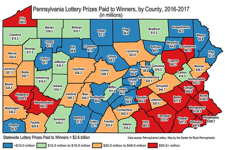 Map Showing Pennsylvania Lottery Prizes Paid to Winners, by County, 2016-17 (in millions)