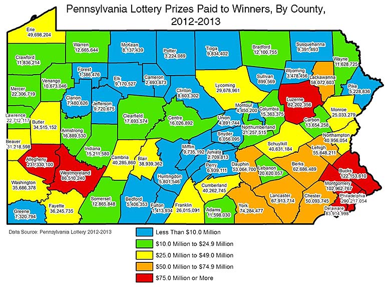 Pennsylvania Lottery Prizes Paid to Winners, by County, 2012-2013