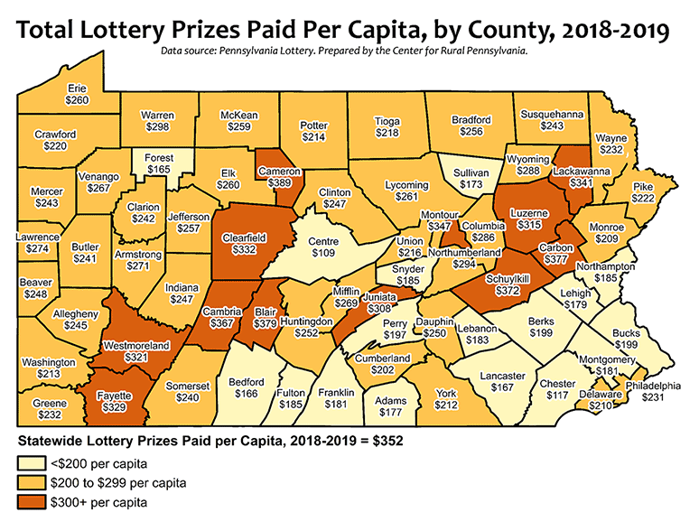 Pennsylvania Map Showing Total Lottery Prizes Paid Per Capita, by County, 2018-2019