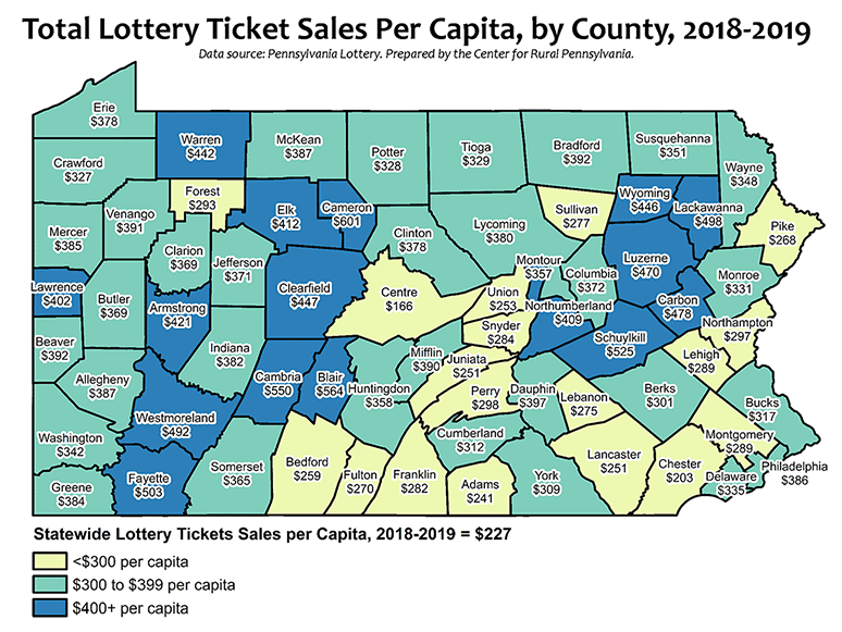 Pennsylvania Map Showing Total Lottery Ticket Sales Per Capita, by County, 2018-2019