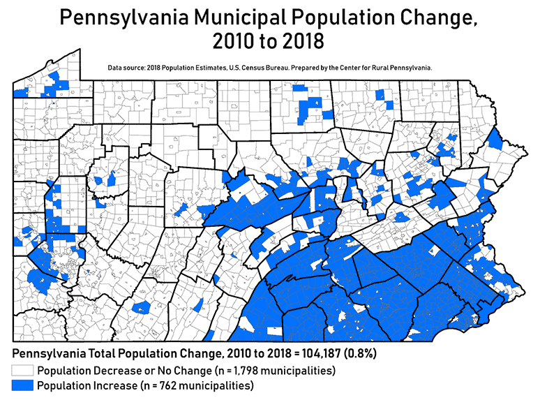 Map Showing Pennsylvania Municipal Population Change, 2010 to 2018