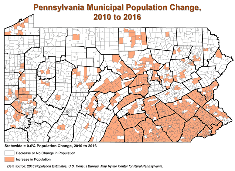 Map Showing Pennsylvania Municipal Population Change, 2010 to 2016