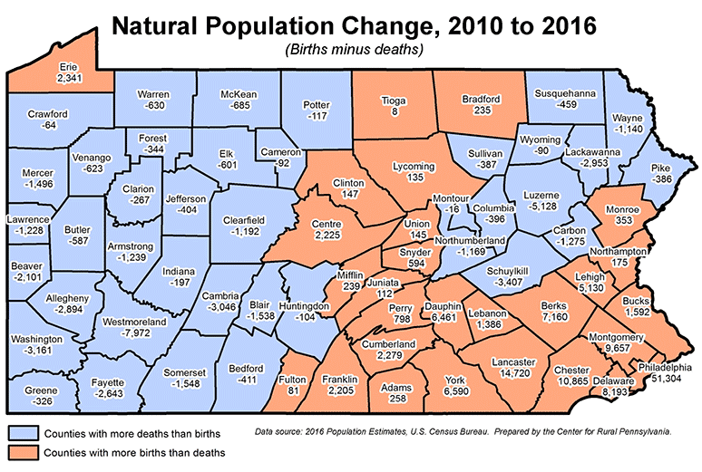 Map showing Natural Population Change (Births minus deaths), 2010 to 2016