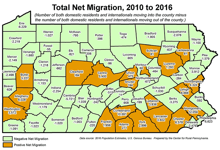 Map showing Total Net Migration, 2010 to 2016