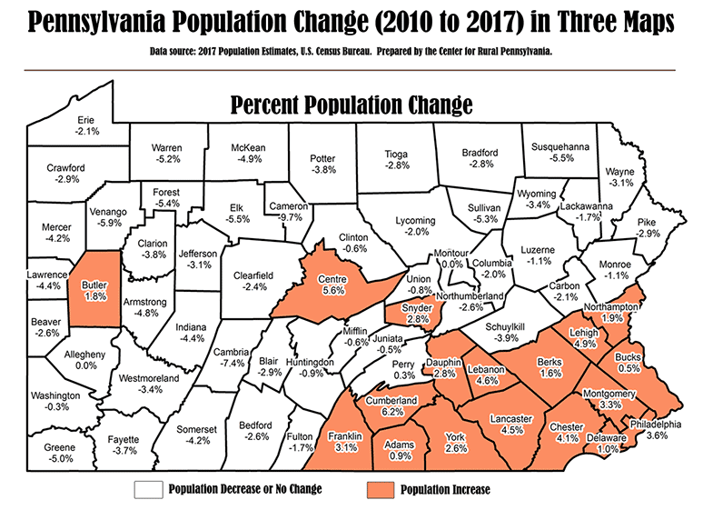 Pennsylvania Map Showing Percent of Population Change