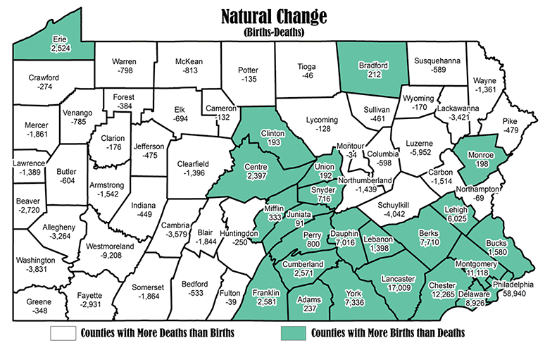 Pennsylvania Map Showing Natural Change (Births - Deaths)