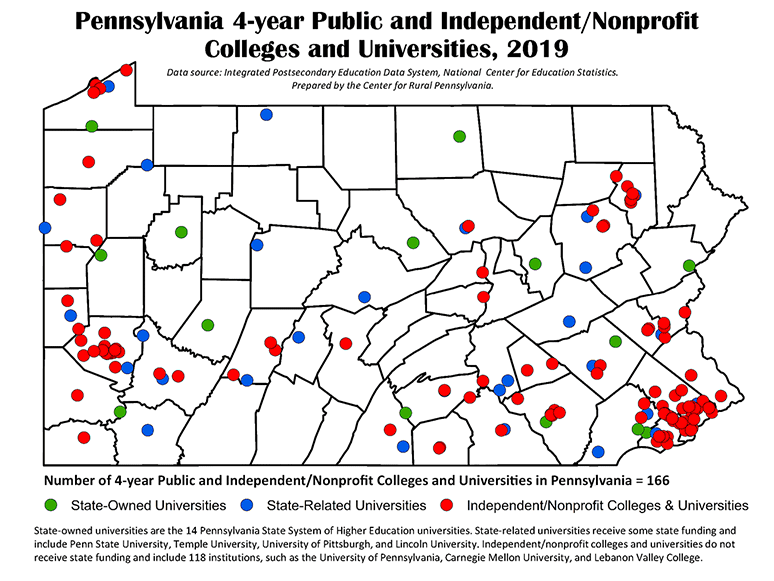 Map Showing Pennsylvania 4-year Public and Independent/Nonprofit Colleges and Universities, 2019