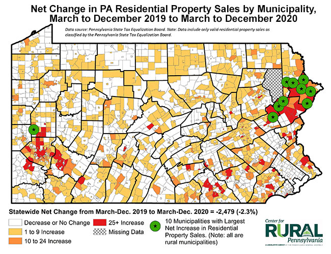 Map: Net Change in Pennsylvania Residential Property Sales by Municipality, March to December 2019 to March to December 2020