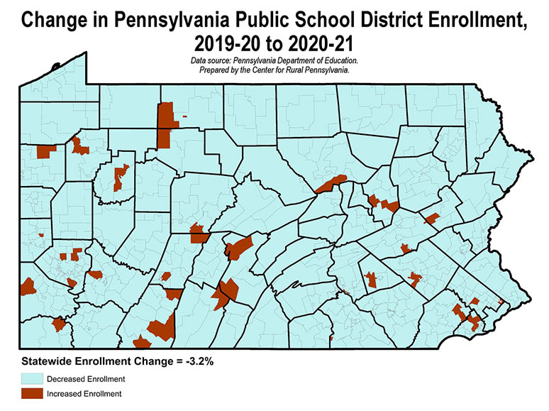 Map: Change in Pennsylvania Public School District Enrollment, 2019-20 to 2020-21