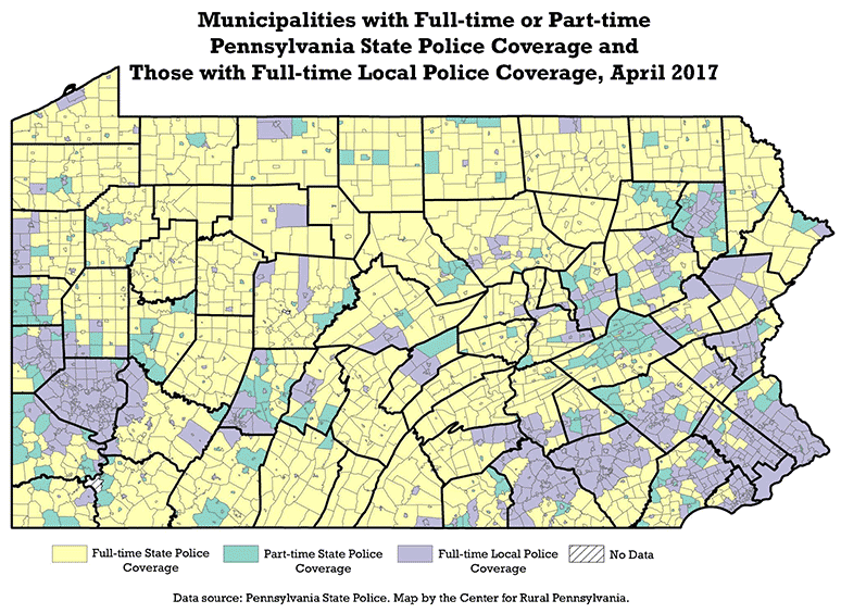 Map Showing Municipalities with Full-time or Part-time Pennsylvania State Police Coverage and those with Full-time Local Police Coverage, April 2017
