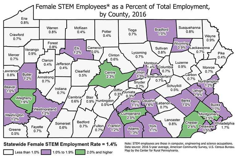 Pennsylvania Map Showing Female STEM Employees* as a Percent of Total Employment, by County, 2016