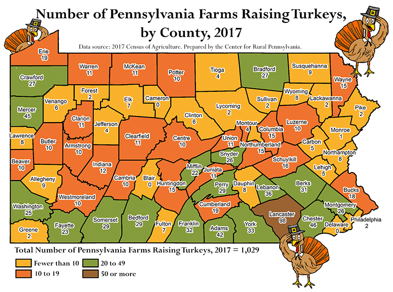 Map Showing Number of Pennsylvania Farms Raising Turkeys, by County, 2017