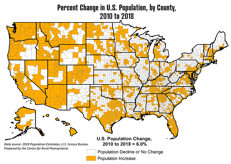 United States Map Showing Percent Change in Population, by County, 2010 to 2018
