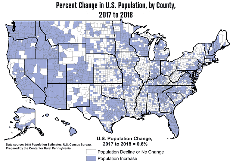 United States Map Showing Percent Change in Population, by County, 2017 to 2018