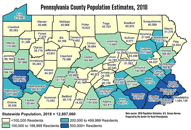 Pennsylvania Map Showing County Population Estimates, 2018