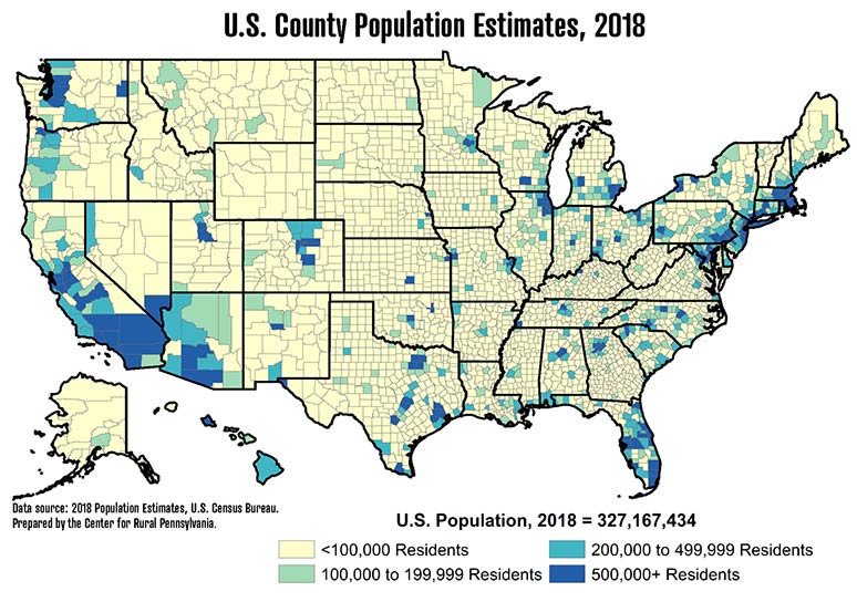 United States Map Showing County Population Estimates, 2018