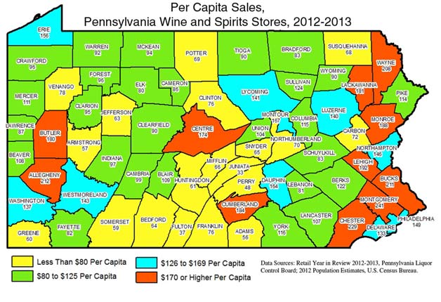 Per Capita Sales, Pennsylvania Wine and Spirits Stores, 2012-2013