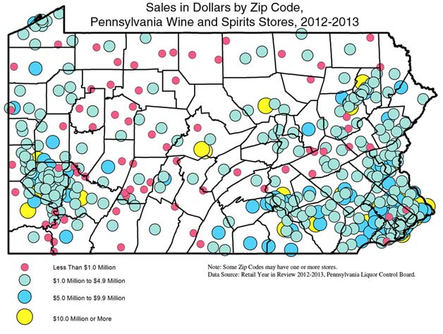 Sales in Dollars by Zip Code, Pennsylvania Wine and Spirits Stores, 2012-2013