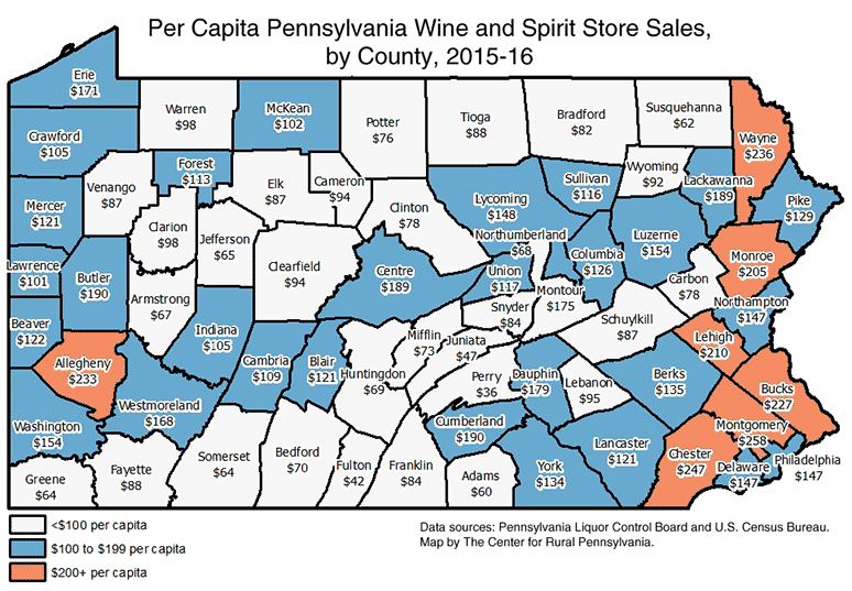 Per Capita Pennsylvania Wine and Spirit Store Sales, by County, 2015-16
