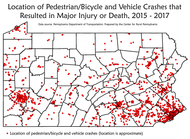 Pennsylvania Map Showing Location of Pedestrian/Bicycle and Vehicle Crashes that Resulted in Major Injury or Death, 2015-2017