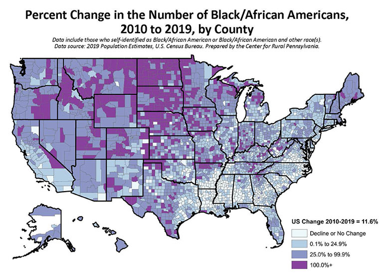 United States Map: Percent Change in Number of Black/African Americans, 2010 to 2019, by County