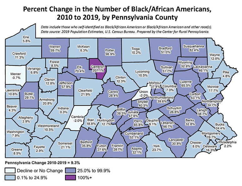 Pennsylvania Map: Percent Change in Number of Black/African Americans, 2010 to 2019, by Pennsylvania County