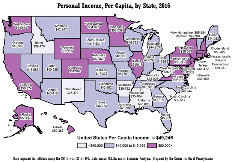 United States Map Showing Personal Income, Per Capita, by State, 2016