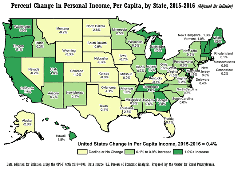United States Map Showing Percent Change in Personal Income, Per Capita, by State, 2015-2016 (adjusted for inflation)