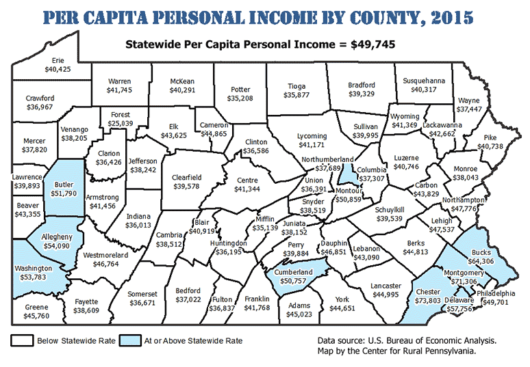 Pennsylvania Per Capita Personal Income by County, 2015