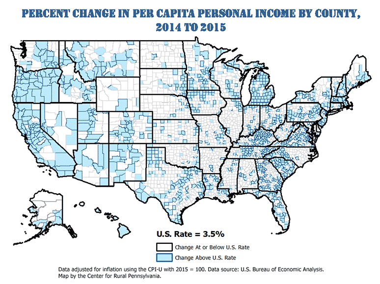 National Percent Change in Per Capita Personal Income by County, 2014 to 2015