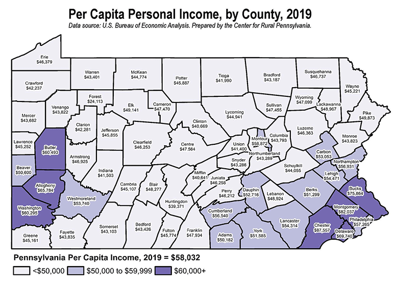 Pennsylvania Map: Per Capita Personal Income, by County, 2019