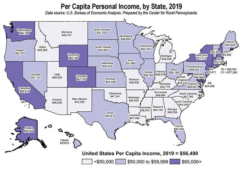 United States Map: Per Capita Personal Income, by State, 2019
