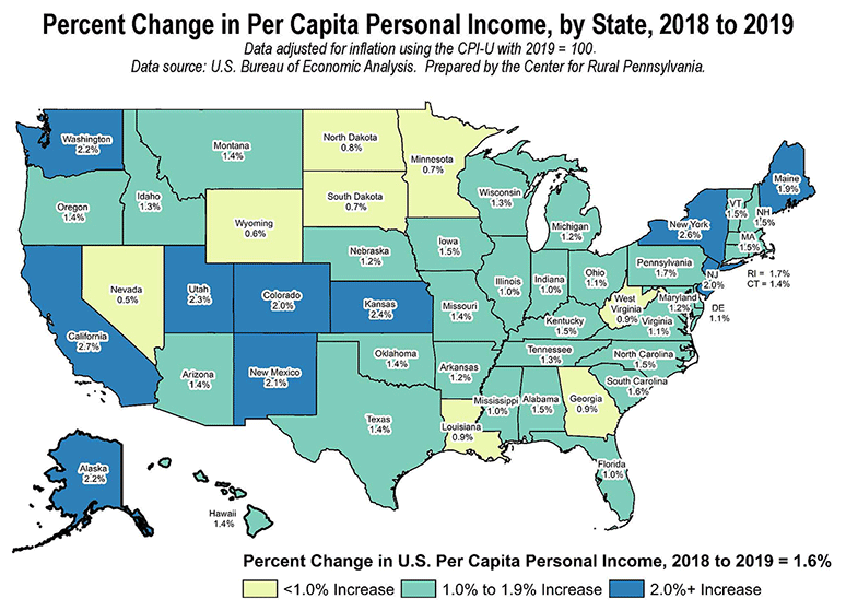 United States Map: Percent Change in Per Capita Personal Income, by State, 2018 to 2019