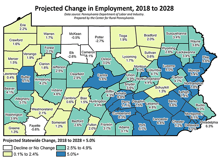 Pennsylvania Map: Projected Change in Employment, 2018 to 2028