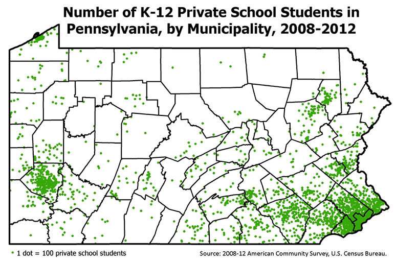 Number of K-12 Private School Students in Pennsylvania, by Municipality, 2008-2012